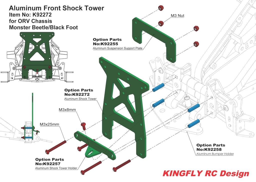 KF RC Aluminum Shock Plates - Front for Tamiya Blackfoot/Monster Beetle