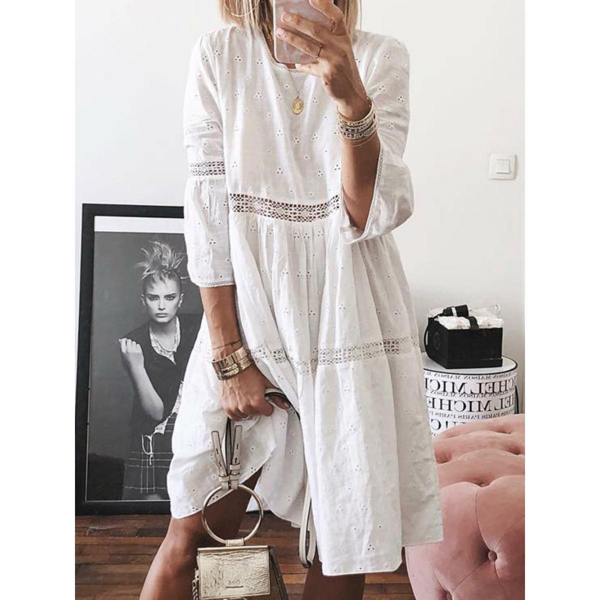 

Spring Autumn Women s Plus Size Dress Lace Spliced Hollow Embroidered 3/4 Sleeve Casual Dress for European American Crossborder S белый