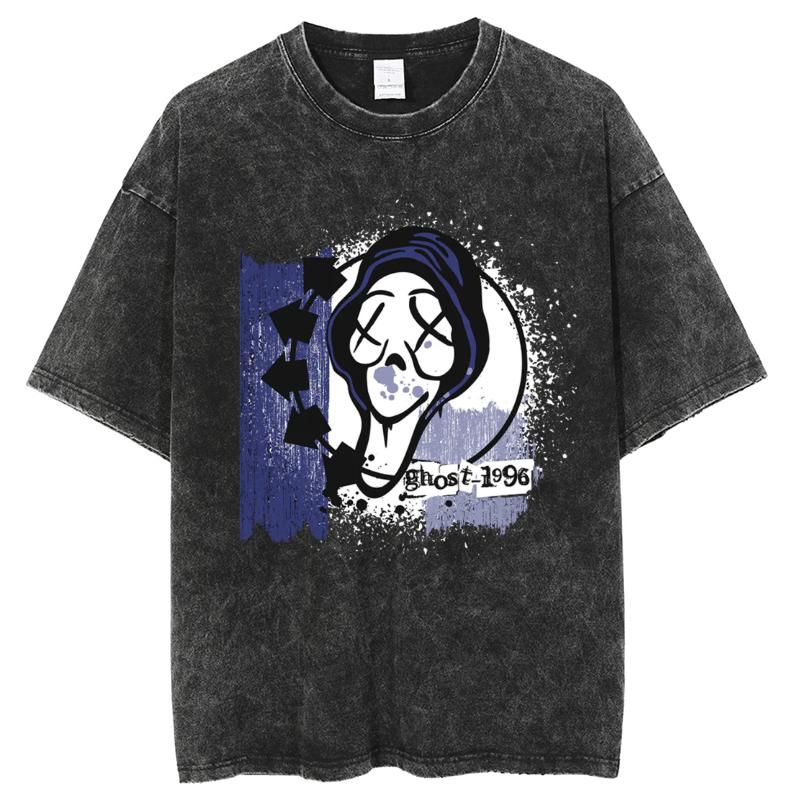 Ghost Cartoon Print Women's T-Shirt Cotton Short-Sleeved Washed Denim Fabric Oversized Funny Casual Top Everyday Wear Simple