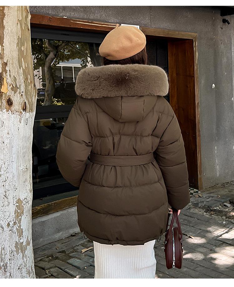 Women’s Short Big Fur Collar Hooded Windproof Thicken Warm Winter Jacket With Belt