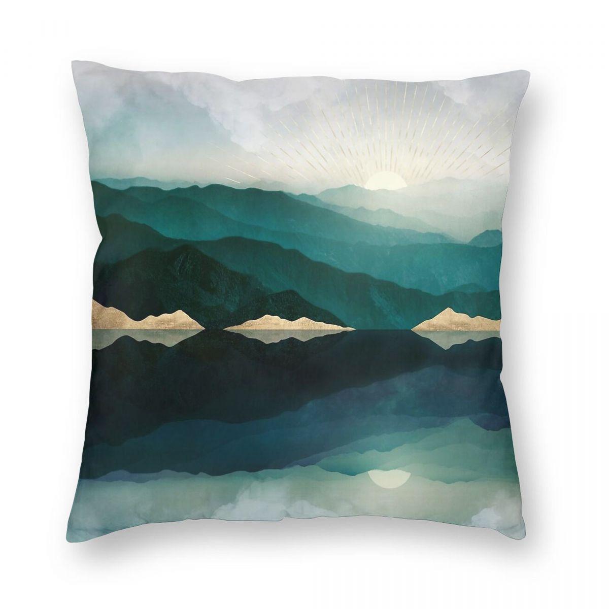 Waters Edge Reflection Square Pillowcase Polyester Linen Velvet Pattern Zip Decorative Room Cushion Cover 30x30cm