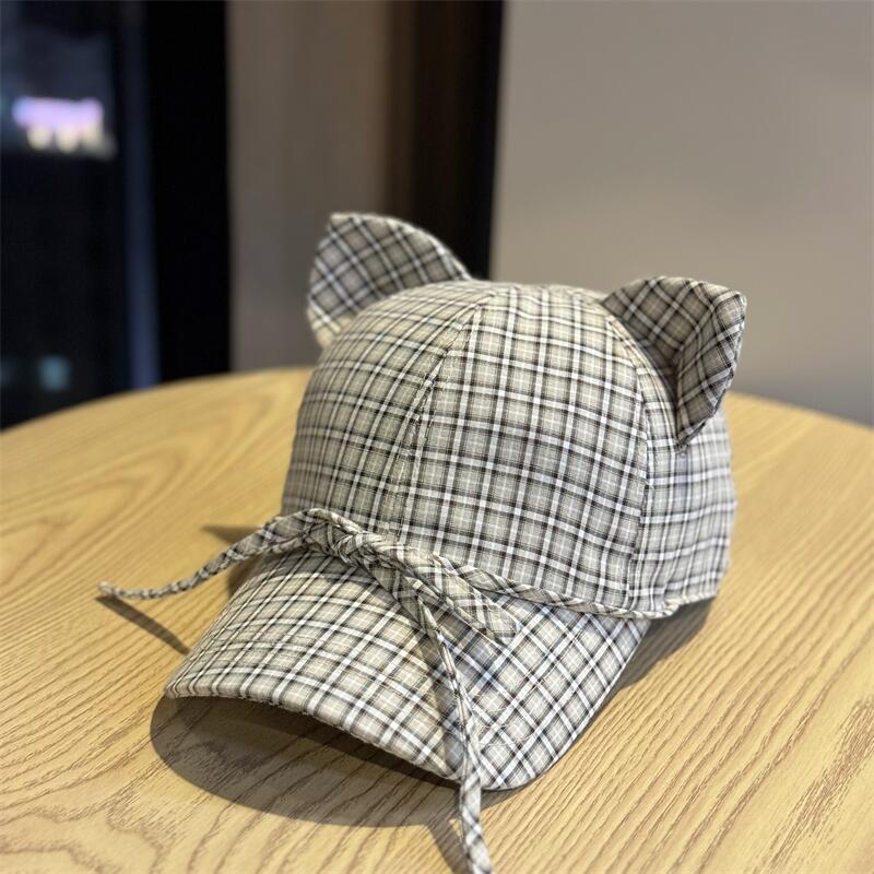 

New plaid cute cat ear baseball cap for women, summer fashion casual versatile sun protection hat that makes the face look smaller Adult54-60Adjustable чёрный