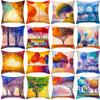 Pillow Cover Oil Painting Tree Series Printed Peach Skin Pillow Home Living Room Sofa Cushion Cover