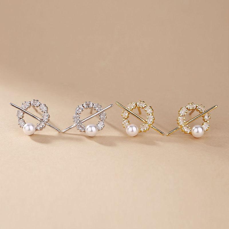 Zircon Ring One-line Pearl Earring French Retro Small Mini Temperament Earrings