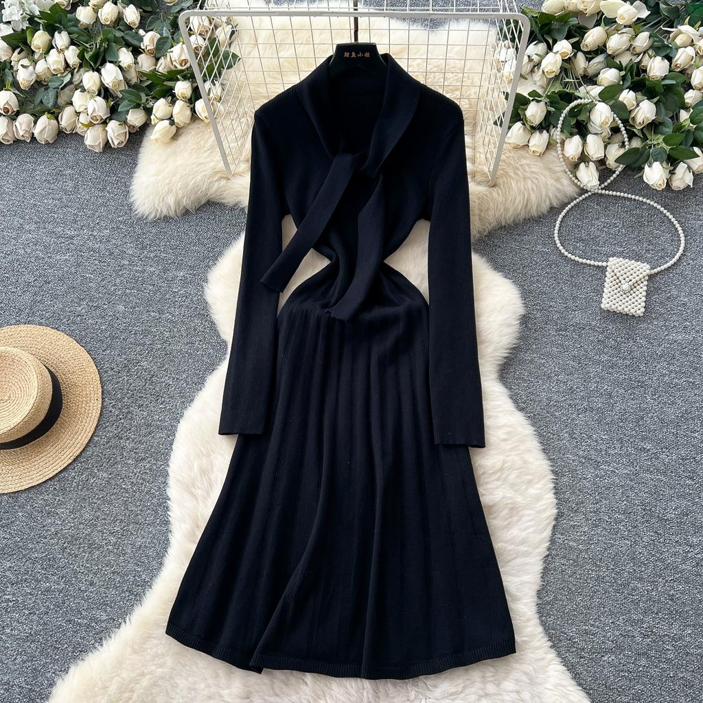 Autumn Winter Women Elegant Bowtie Collar Knitted Office Work Midi Sweater Dress