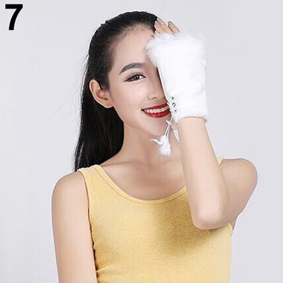 Women's Fashion Winter Warm Imitation Rabbit Hair Faux Leather Fingerless Gloves