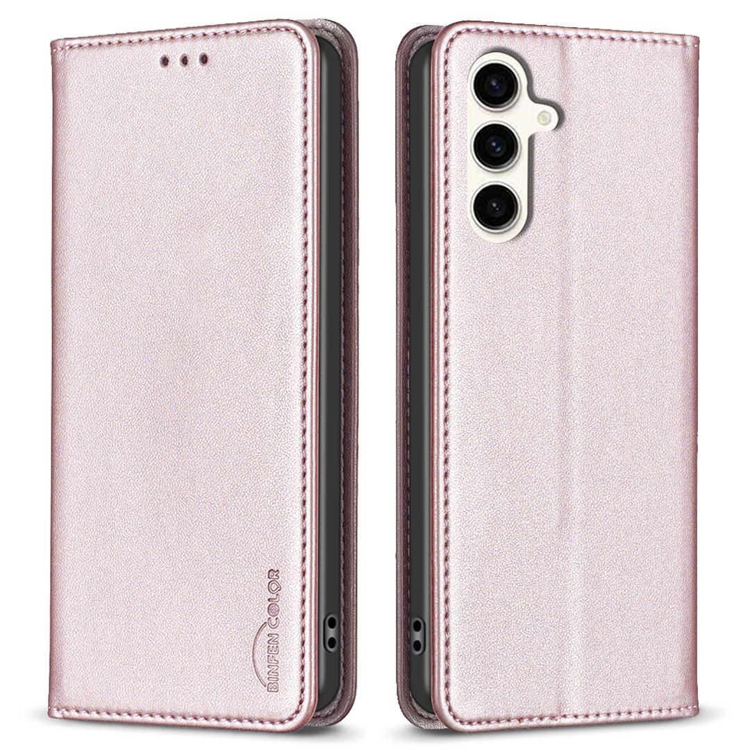 

BINFEN COLOR BF18 For Samsung Galaxy S23 FE Auto-absorbed Magnetic Leather Cover Card Holder Phone Case Rose Gold