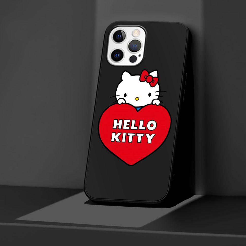 Cute Hello Kitty Case for Apple iPhone 13 14 Plus 11 12 Mini 15 Pro Max 7 8 SE 2020 X XS XR Silicone Black Soft Phone Cover