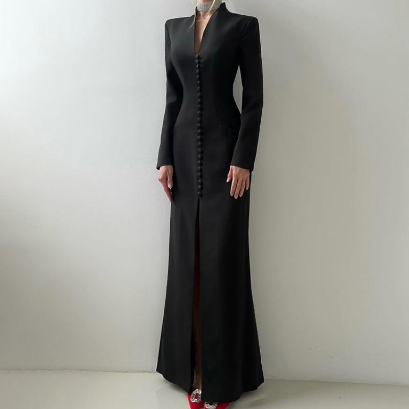 Women's White Stand Collar Deep V Neck Long Sleeve Maxi Dress Button Front High Slit Bodycon Elegant Formal Evening Party Wedding Guest Gown