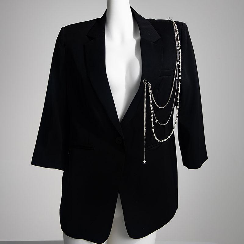 Punk Hip-hop Star Black Imitation Crystal Beads Chain Multi-layer Tassel Double Pin Brooches for Men Women Suit Brooch Jewelry