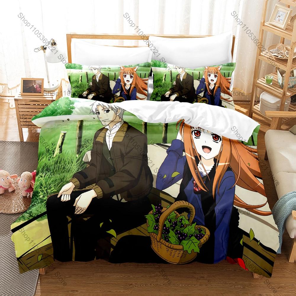 Holo and Lawrence Bedding Set, Duvet Cover & 2 Pillowcases, Classic Light Novel Characters Pattern Breathable Fabric All Season