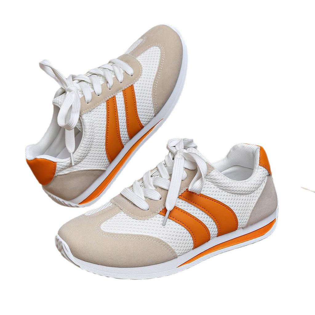 Damskie Lekkie Buty Sportowe - Białe i Pomarańczowe Ozdobne Sznurowane Buty, Oddychające Buty Fitness - Całoroczna Amortyzowana Podeszwa Antypoślizgowa