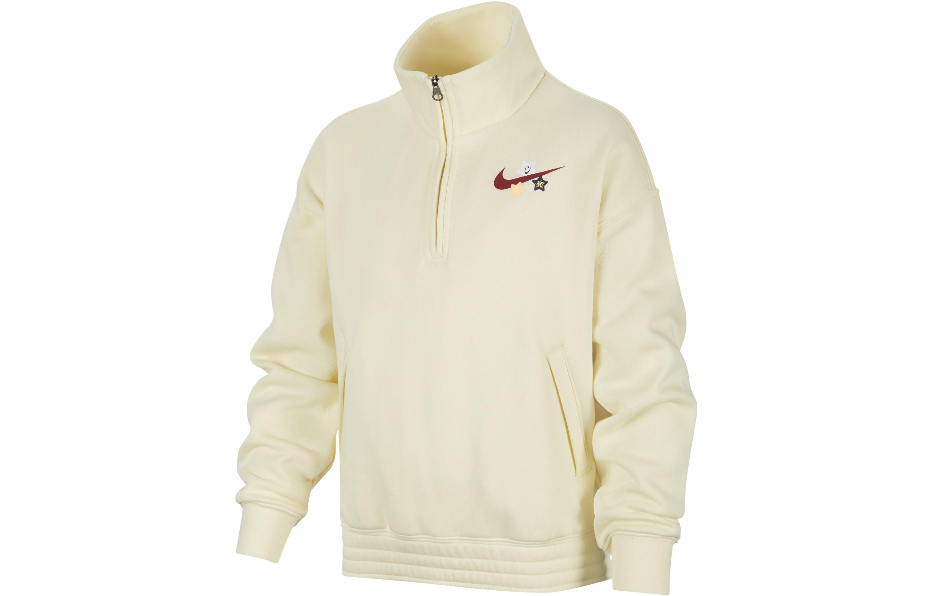 

Nike Sweatshirt Kids Apparel Logo Print Stand Collar Half Zip Casual Loose Fit Fleece Lined Coconut Milk Kids FV8448-113 S