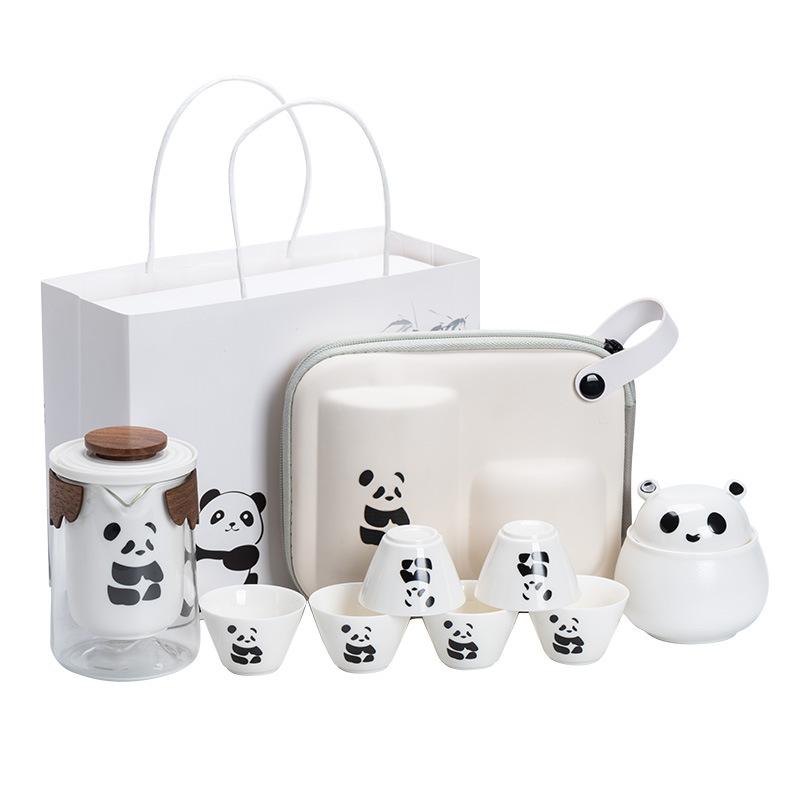 Panda Merchandise Travel Tea Set a Pot of Three Four Six Cups Suet Jade Porcelain High-end Corporate Business Gift Set