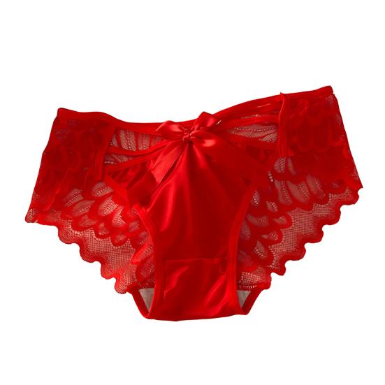 Women Sexy Lace Satin Panties Mid Waist Silky Underwear with Bow Lady Seamless Briefs Invisible Bikini Underwear
