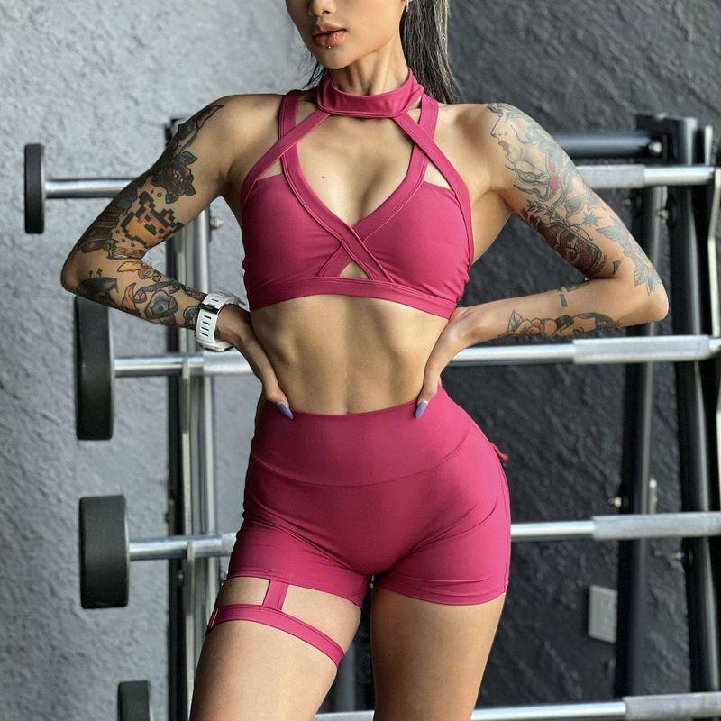 

New Arrival Fashion Sports Intimates Female Cross-Halterneck Buckle Sexy Shockproof Push-up Shape Fixing Professional Running Workout Bra S Plum color