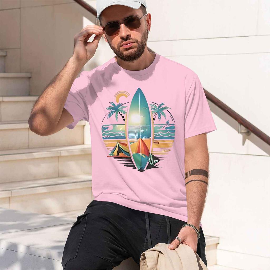 2026 New Model Unisexs Summer Leisure Sports Fitness Loose Coconut Tree And Surfboard Printed Comfortable Breathable Round Neck Sl