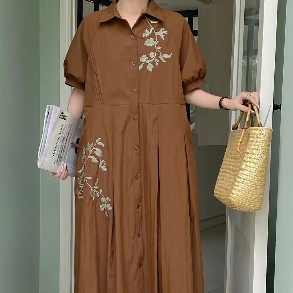 Vintage Loose Embroidery Jacquard Lace Up Design A-line Dress Woman Elegant Lapel Single Breast Pleated Dresses Ins New