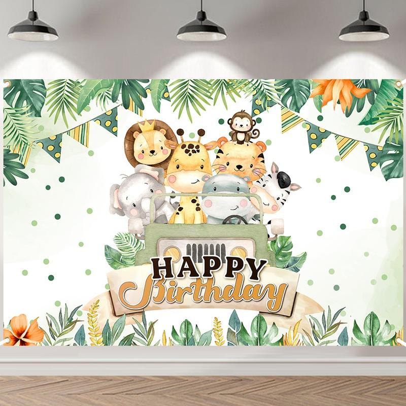 Sfondo per festa di safari con animali della giungla, sfondo Wild One, decorazione per festa di compleanno per il primo anno, sfondo per foto per neonato