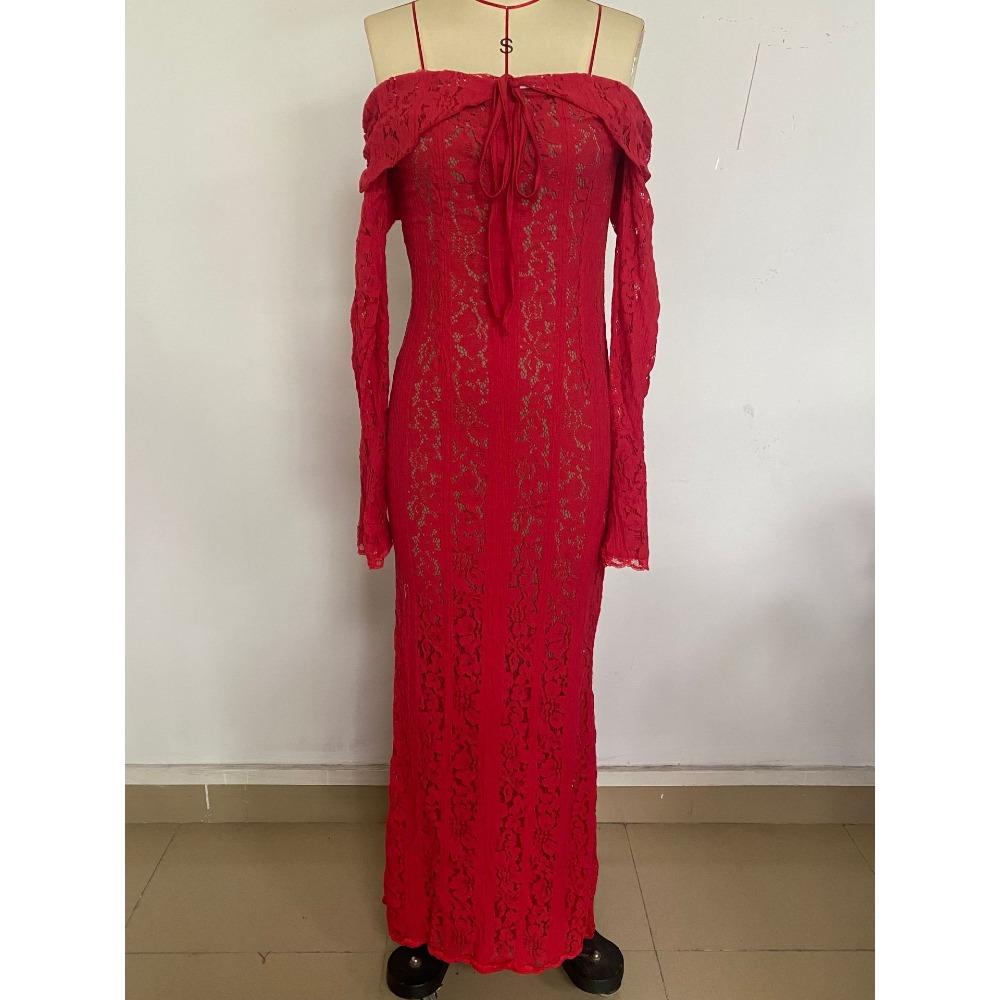 Women's Off Shoulder Long Sleeve Mermaid Maxi Dress Slim Fit High Waist Elegant Lace Wedding Guest Evening Dress