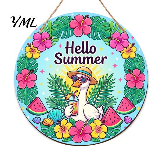 Natural Hemp Rope Wood Plaque Summer Wooden Hanging Sign, Beach Style Wall Decor with Rope, Bright Printed Sign Indoor Outdoor Theme Decoration