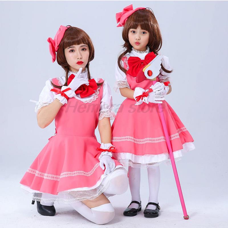 Anime Girls Pink Carcaptor Sakura Princess Dress Cosplay Costume Lolita Dress For Card Combat Uniform Apron Dress with Hat