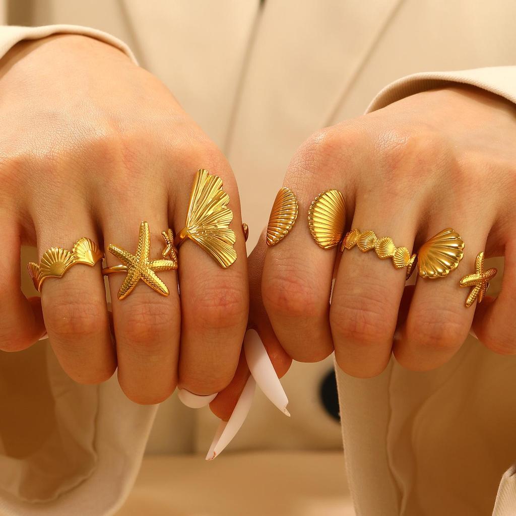 Stainless Steel Starfish & Seashell Open Ring - Ocean Holiday Style Jewelry for Women