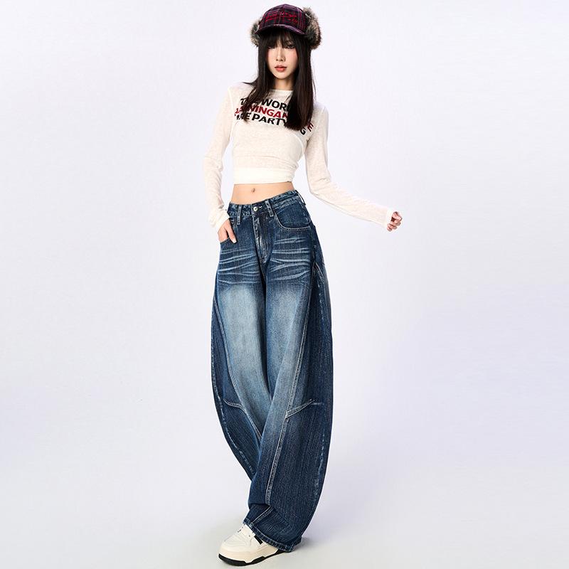 2025 Nieuwe Retro Blauwe Hoge Taille Afslankende Wijde Pijp Jeans voor Dames