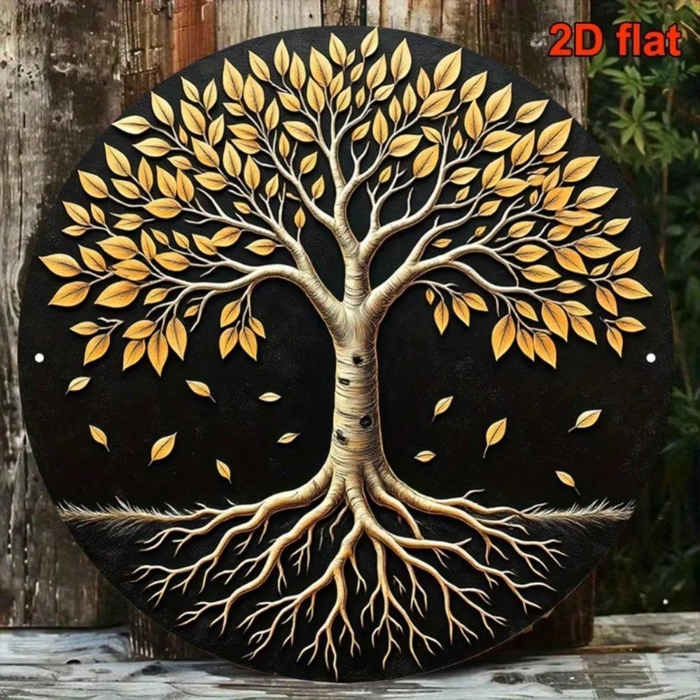 Albero della Vita Foglia d'Oro Rotondo Metallo Arte da Parete 8 Pollici Piastra in Alluminio Nero Per Decorazione Casa Ufficio