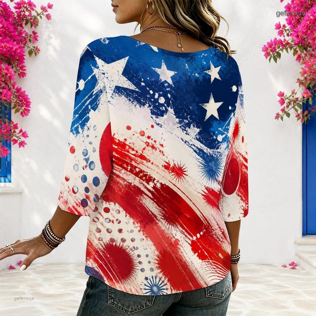 Women Plus Size Round Neck Half Sleeve Star Printed Navy Blue Loose Blouse
