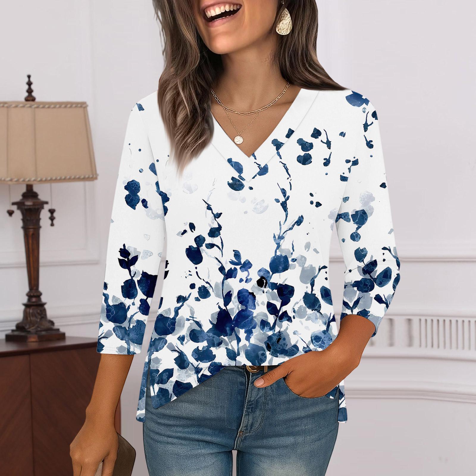 

3/4 Sleeve Shirts For Women Print Graphic Tees Blouses Casual Plus Size Basic Tops Pullover L