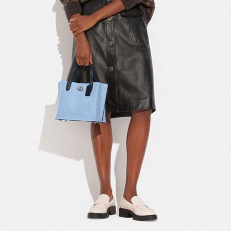 Coach Willow 24 Twist Lock Magnetic Closure Pebbled Leather Tote Bag Women Tote Light-Blue C8561-LHPQM