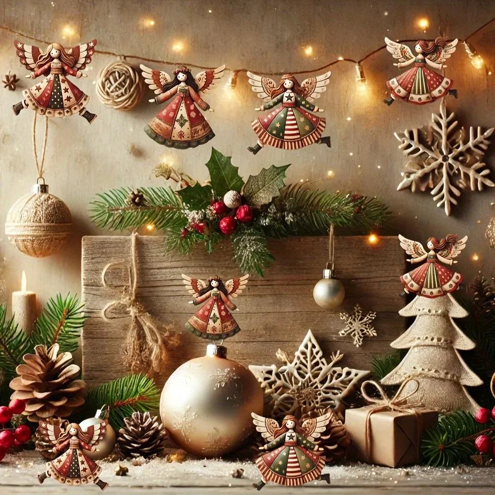 4 Stück Vintage Engel Fantasy Holzornamente Set Weihnachtsbaumdekorationen Navidad Festliche Wohnakzente Neujahrsgeschenk