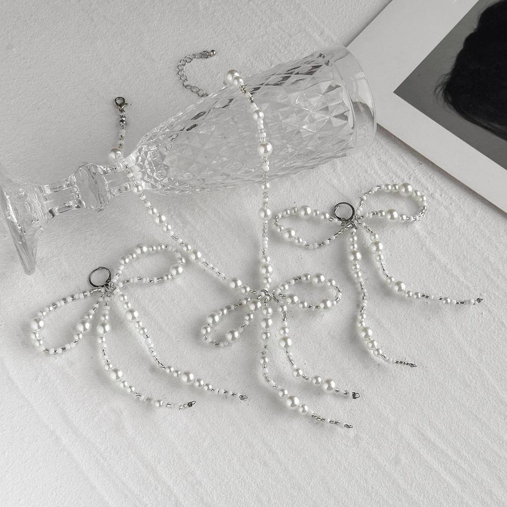 Personalised Size Pearl Earrings Simple Rice Bead Bow Earrings Necklace Set