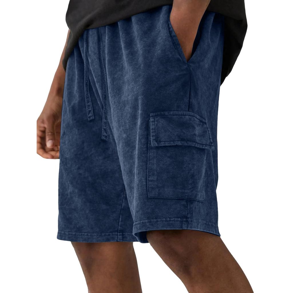 Men's Casual And Fashionable Water-washed Cotton Loose-fitting Shorts - Men's Multi-pocket Workwear Drawstring Shorts