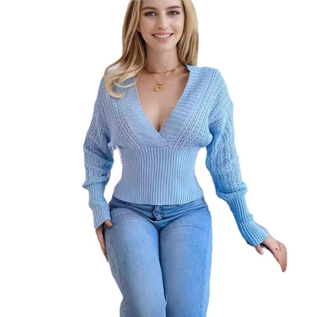 

Сексуальный женский трикотажный топ с V-образным вырезом, модный свитер с рукавами «летучая мышь», ребристый, однотонный, тонкий, с заниженной линией плеч, повседневный, базовый свитер Communte M небесно-голубой