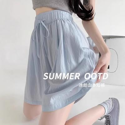 Blue Ice Silk Yamamoto Shorts Women's Summer New High-waisted Casual Outer Wear Wide-leg Pants Sports Five-point Pants