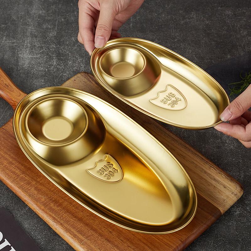 ZISIZ Stainless Steel Oval Snack Plate with Sauce Dish