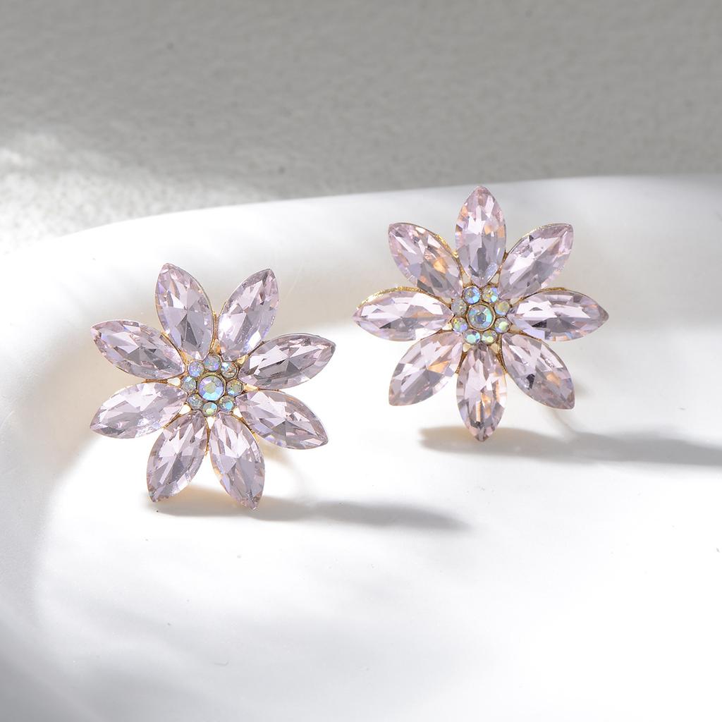 Vintage Light Luxury Colorful Diamond Sunflower Ear Clips High End Crystal Earrings Elegant Evening Party Jewelry