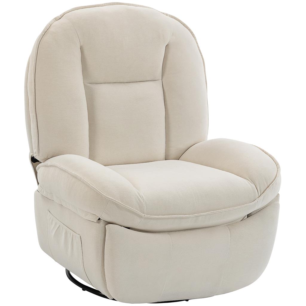 Chenille Reclining Armchair, 360 Degree Swivel, Side Pockets, Cream