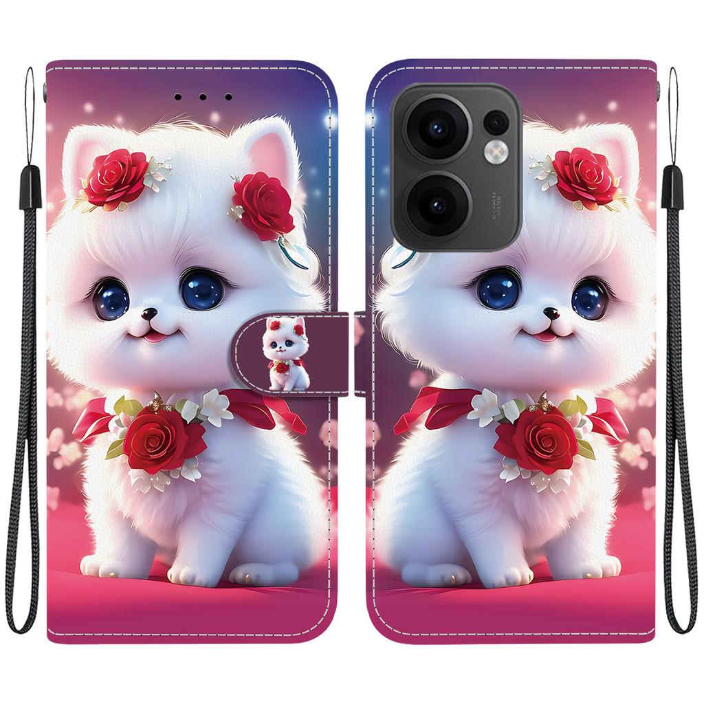 Handmade PU Leather Flip Case for Oppo Reno13 F/Reno13 F 4G Anti-Slip Shockproof Cover with Wrist Strap & Heart/Rose Cat Designs