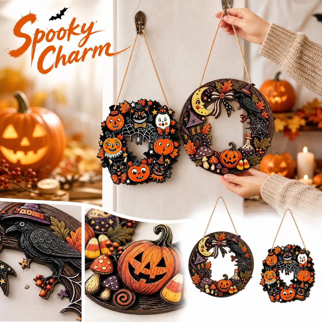 Wooden Halloween Hollow Hanging Ornament, Openwork Cutout Decorative Pendant for Home, Party and Seasonal Decor