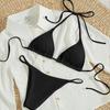 Solid Color Ribbed Bikini Set: Tie-Up Triangle Bra & Split Bottoms