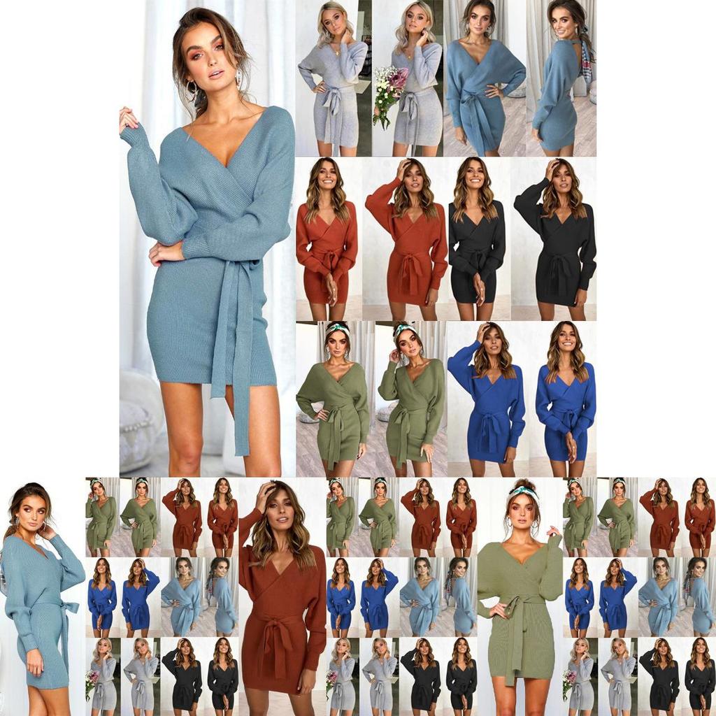 Elegant Women's V-neck Bodycon Jumper Dress With Long Sleeves And Tie Belt
