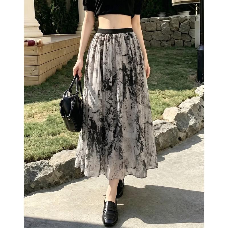 Demana Elegant 100% Silk Ink Print A-Line Skirt