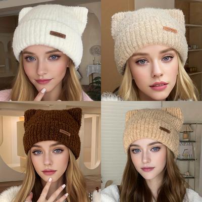 1pz Berretto Chic in Pelle con Etichetta e Orecchie - Accessori in Maglia da Donna per Viaggi all'Aperto - Berretto Ispessito Caldo Monocolore per Uso Quotidiano Invernale