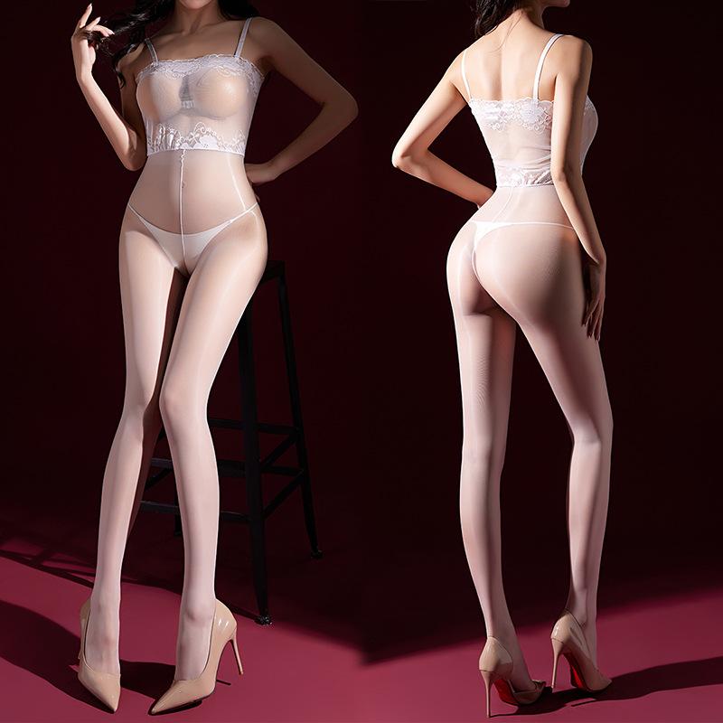 Lace Strapless Camisole Glossy Stockings One-Piece Transparent Sexy Black Stockings Erotic Temptation Open-Crotch Bodysuit For W