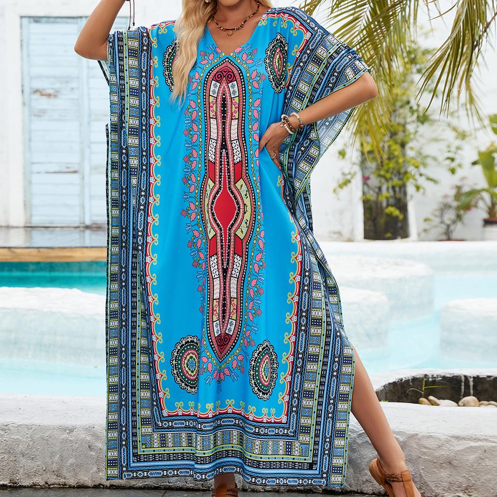 European and American Style Printed Middle Eastern Robe Beach Vacation Loose Bikini Sun Protection Cover-up