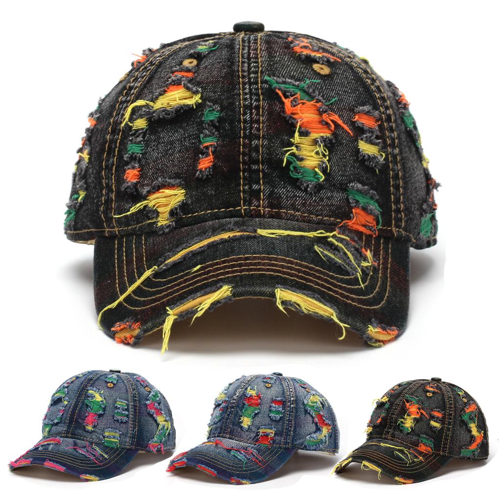 New Style Women Cap Tear Style Hole Vintage Colorful Lines Baseball Caps Female Casual Outdoor Streetwear Denim Hat