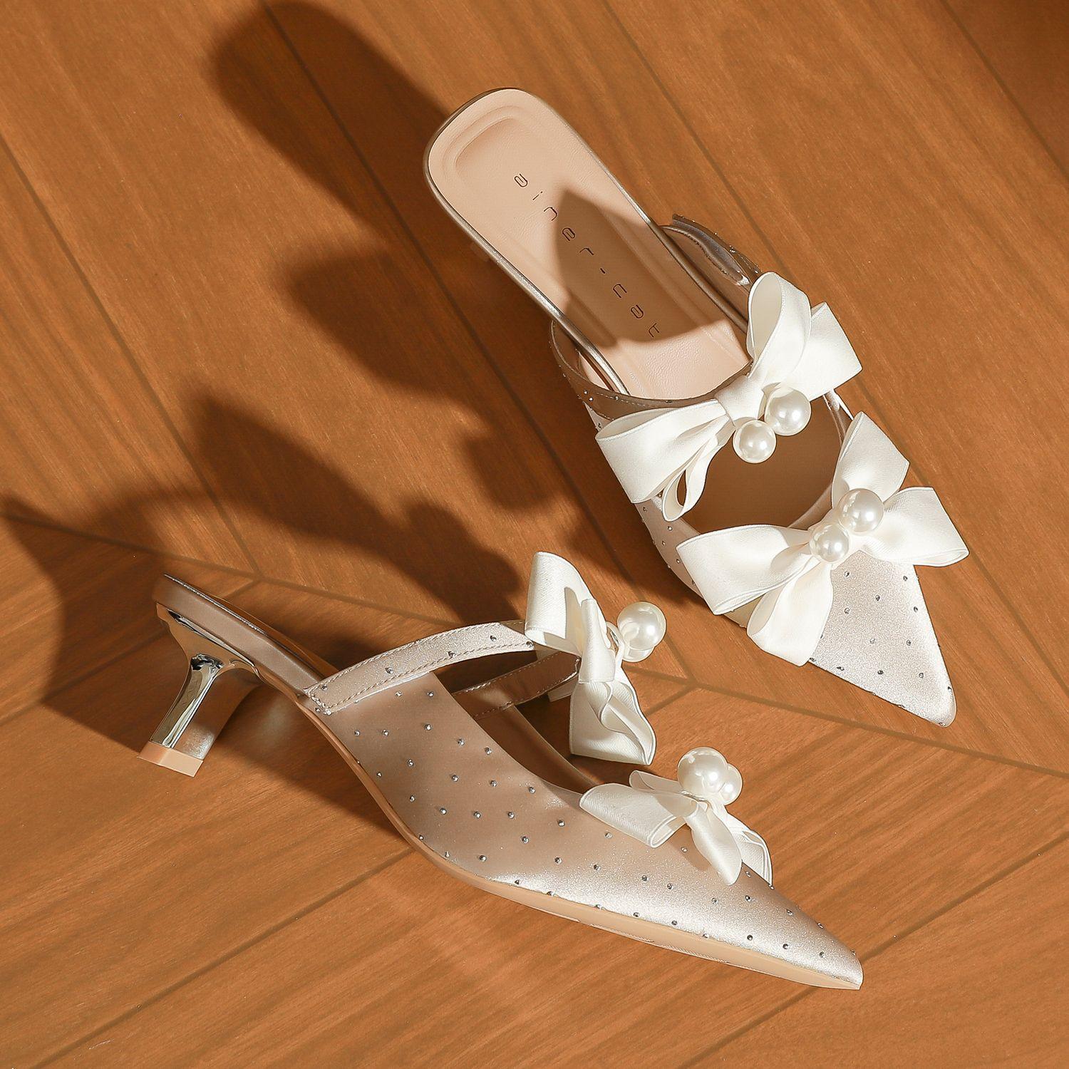 

59012 high heels women s thick heel 2025 new pointed rear empty cool slippers temperament pearl bow single shoes 39